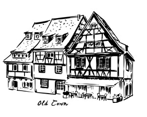 Old Town Colmar France.Hand-Drawn Vintage Illustration of Traditional Half-Timbered Houses and Medieval Streets in Alsace. Ink Sketch of Historic Architecture and European Heritage