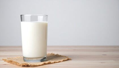 Glass of milk on wooden table.