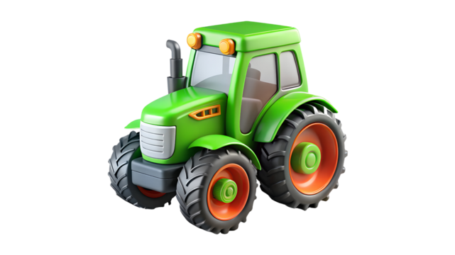 Green toy tractor with orange wheels isolated on a transparent background vehicle