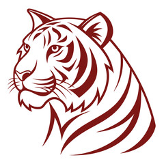 Stylized dark red tiger head profile on white background animal