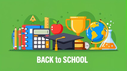 A vibrant and colorful collection of school-related items including pencils, pens, notebooks, calculators, graduation caps, trophies, globes, and various educational symbols