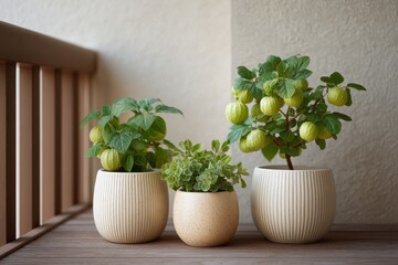 Three gooseberry bushes in white pots. Generative AI