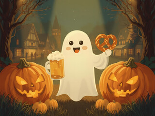 A cute ghost holding a beer mug and a pretzel, and ominous pumpkins in the background of a festive city