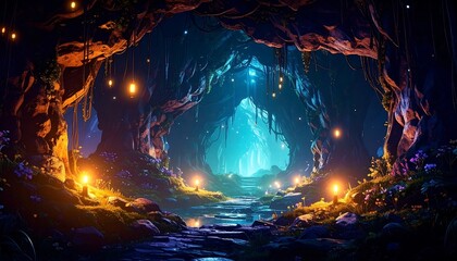 Glowing Cave Interior with Lights and Water.