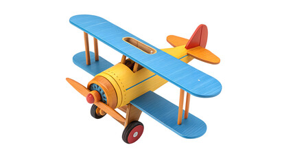 Colorful wooden biplane toy with blue wings and yellow body isolated on a transparent background