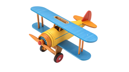 Colorful wooden biplane toy with blue wings and yellow body isolated on a transparent background