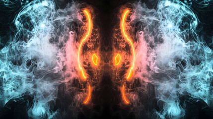 Mirrored abstract design with colorful smoke and neon light, creating a symmetrical pattern
