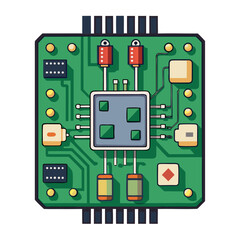 A green printed circuit board (PCB) with a central gray microprocessor chip no background vector file.