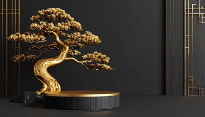 Golden Bonsai Tree on Black Podium.