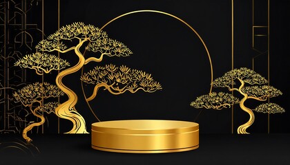 Golden bonsai tree on stage with black background.