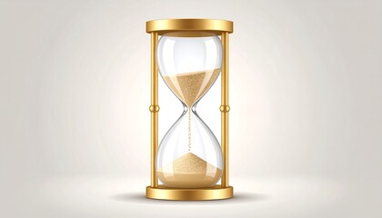 Golden hourglass with time passing, and white background.
