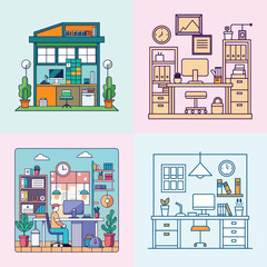 Colorful Home Office and Workspace Vector Set-Collection of four illustrated home office and desk setups with furniture, decor, and work accessories in colorful, modern vector style.