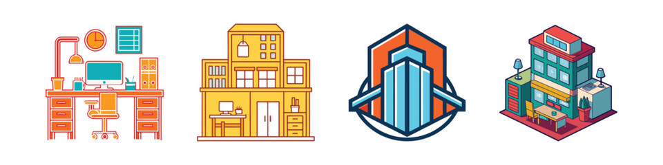 Obraz premium Colorful Office and Building Icon Set Illustration-Set of four colorful vector icons featuring a modern office desk, house, skyscraper, and commercial building, ideal for business or real estate them