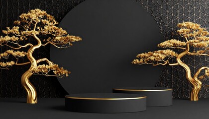 Golden tree on black podium.
