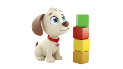 Cartoon puppy looking at stacked colorful building blocks isolated on a transparent background