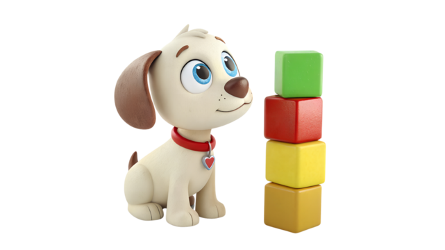 Cartoon puppy looking at stacked colorful building blocks isolated on a transparent background - Powered by Adobe