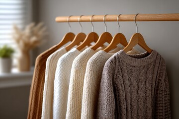 Six sweaters are lying on hangers. Generative AI