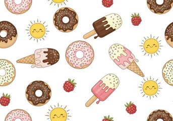 Sweet summer treats pattern with smiling suns, donuts, ice cream, and raspberries for joyful backgrounds
