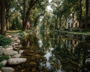 A peaceful riverbank with trees swaying, a reflection of the flag perfectly mirrored in the still water
