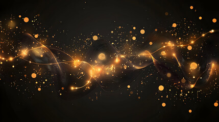 Abstract gold swirls with glittering particles on dark background.  A dynamic display of glowing golden lines and shimmering particles, creating a visually stunning and captivating effect