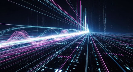 Abstract digital landscape with glowing lines and data streams