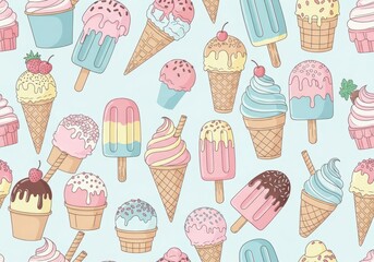 Fun ice cream and popsicle pattern perfect for summer promotions or sweet treat themed backgrounds