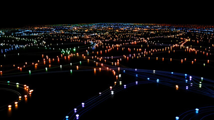 Night city lights, glowing network of connections.  Abstract view of urban lights connected by glowing trails