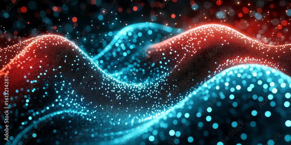 Poster abstract digital particle waves in red and turquoise, symbolizing modern technology and elegance