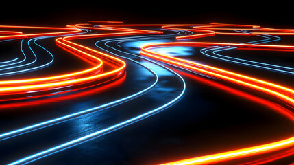 Abstract neon light curves on a dark surface.  Dynamic lines of bright orange and cool blue light