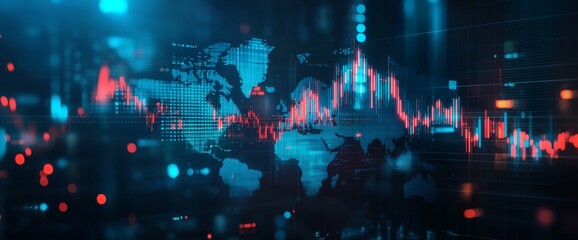 Blurry abstract image of a world map with colorful graphs and charts in the background with a dark and moody atmosphere.