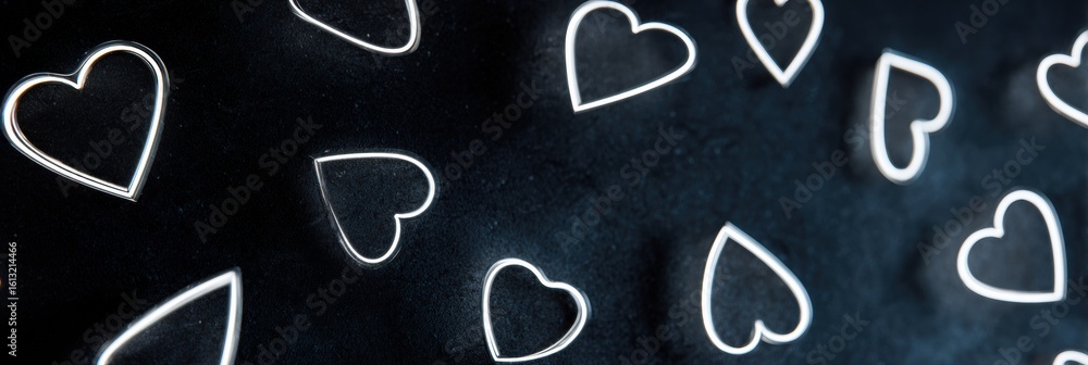 Poster neon hearts floating against a dark moody background creates a striking visual effect and adds depth