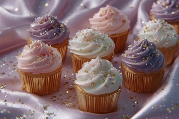 Pink, white, purple cupcakes. Generative AI