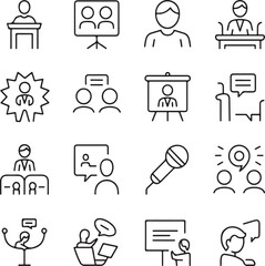Public Speaking and Presentation Icon Set – Linear Symbols for Communication and EventsPublic Speaking and Presentation Icon Set – Linear Symbols for Communication and Events