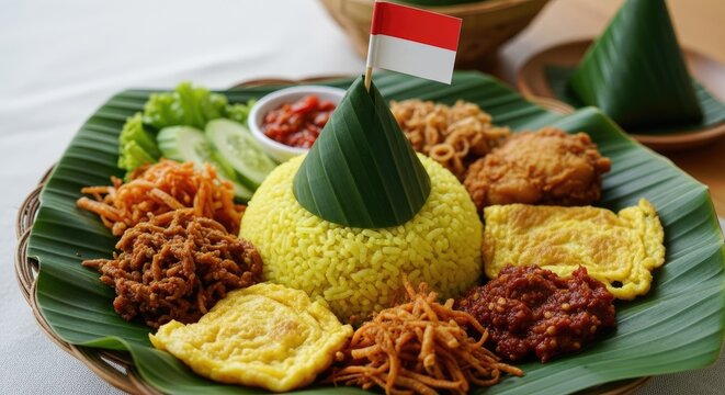 A traditional indonesian nasi tumpeng dish is served on a banana leaf