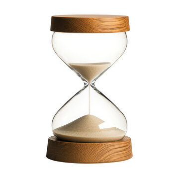 Classic wooden hourglass with fine sand flowing through the center isolated on transparent background