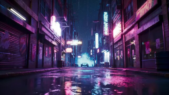 Cyberpunk Neon Alleyway in Night Rain: Animated Reflections and Signs