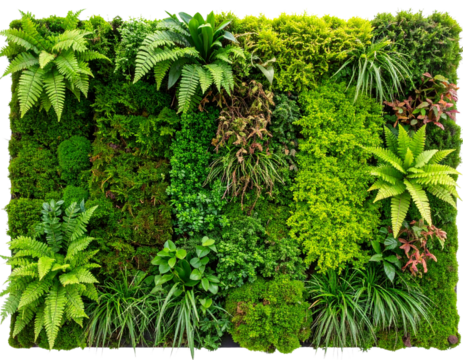 Vertical green moss wall panel with decorative foliage isolated on transparent background PNG