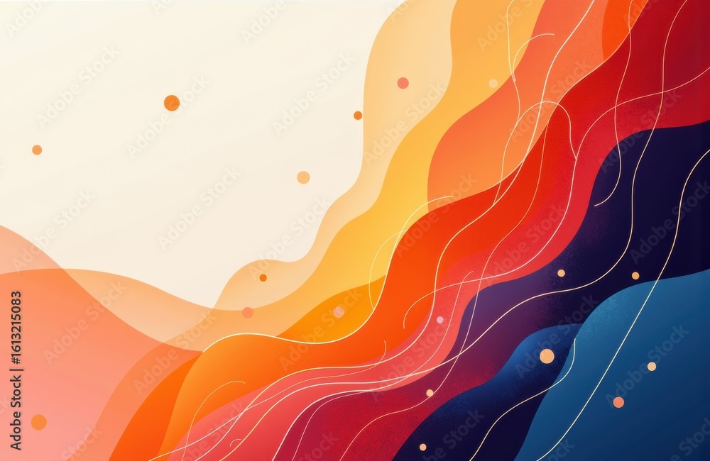 Poster vibrant abstract wave pattern with flowing lines and colorful gradients in warm and cool tones