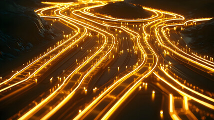 Nighttime city highway network with glowing yellow lines, winding through a dark landscape.  Mountainous terrain and  illuminated pathways form a complex pattern