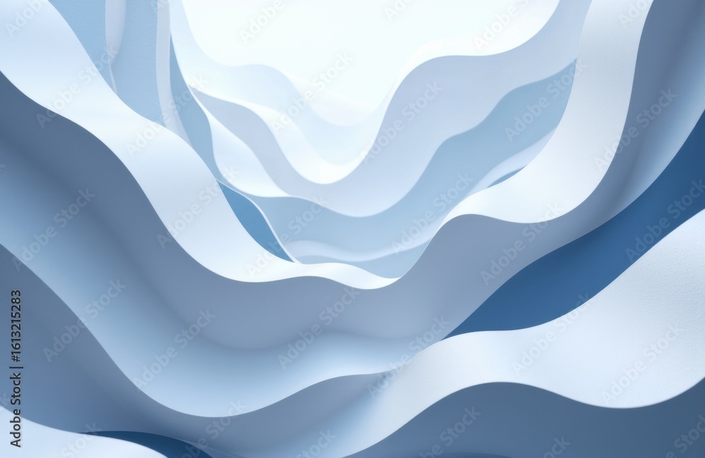 Poster abstract layered paper texture with flowing curves in shades of blue and white creating a sense of d