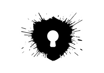 Ink splash design of a shield with a keyhole for security and protection themes