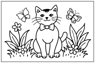 Cute Cat Sitting In A Field Of Flowers A Kids Pet Animal Coloring Page