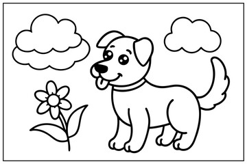 Happy Dog In A Field With A Flower And Clouds A Cute Coloring Page For Kids