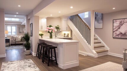 Elegant home interior showcasing modern kitchen, staircase and cozy living room area
