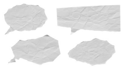 Crumpled Paper Speech Bubbles with Halftone Texture on Black Background