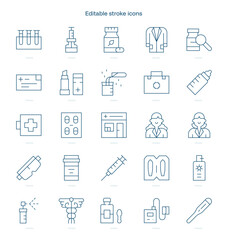 Fototapeta premium Pharmacy stroke icon. Pharmacy line icon set. editable stroke icon pack