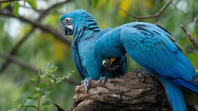 Two bright blue parrots perched on a branch, in a blurry green forest setting