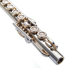 Fototapeta premium The detailed keys and tubing of a silver flute, a woodwind instrument, isolated on a white background