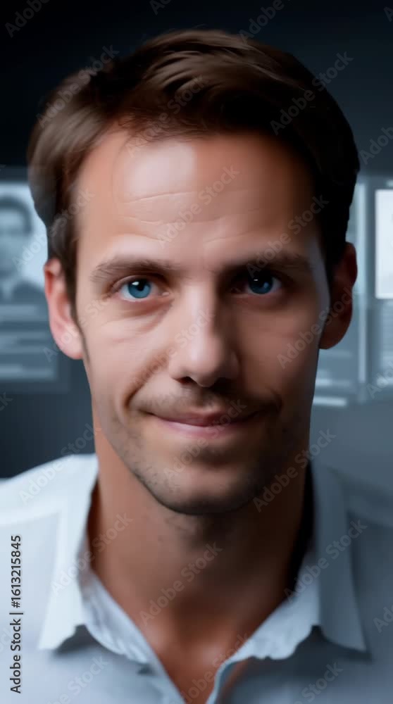 Aufkleber a man is pointing at a screen with a blurry face. the image is of a man's face with a blurry backgro