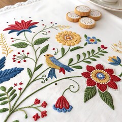 Obraz premium Floral Embroidery and Pastries: A table displays exquisite floral embroidery with vibrant colors, alongside a stack of freshly baked pastries, a delightful pairing of artistry and culinary charm.